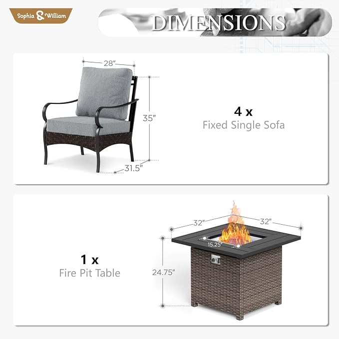 Sophia & William Patio Furniture Set with Fire Pit Table, 5 PCS Metal Outdoor Conversation Set Sofa Couch with Fire Pit Table, 4 Sofa Chairs for Outdoor Seating,Backyard,Porch(Grey)