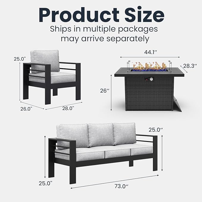 4 Pieces Modern Aluminum Patio Furniture Set with Fire Pit Table, Outdoor Conversation Sets Metal Sectional Sofa
