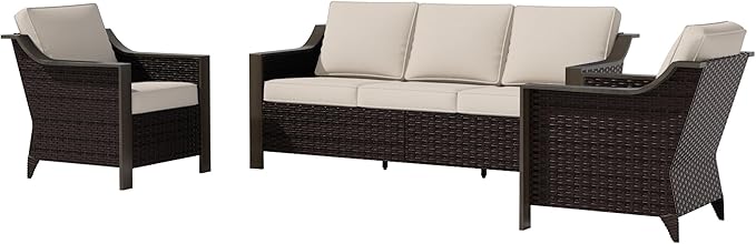 3 Piece Wicker Patio Conversation Set, All-Weather Use Outdoor Wicker Sofa with 2 PE Rattan Chair, Removable Water-Resistant Cushion, Ideal for Porch, Backyard, Balcony, Poolside, Beige