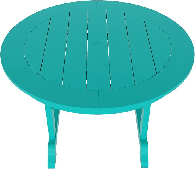 WestinTrends Malibu Patio Dining Table, All Weather Poly Lumber Adirondack 47" Trestle Round Outdoor Table with Umbrella Hole, Turquoise