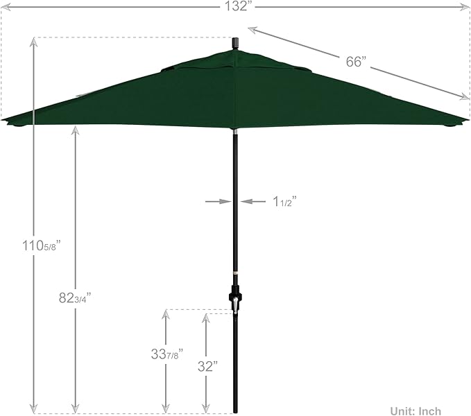 California Umbrella 11Ft Fiberglass Rib Patio Umbrella, Hand-Crank, Tilt-Collar, Black Frame, Solution Dyed Hunter Green Fabric