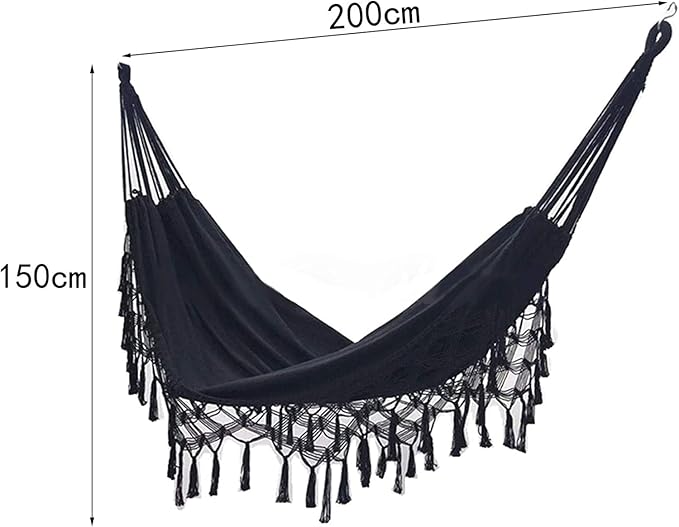 Camping Hammock Bed Tassel Hammock Rope Swing Canvas Sturdy Lanyard Rocking Chair for Outdoor Indoor Garden Load Capacity Up to 150 Kg Hammock Swing (Color : Black, Size : 200 * 150cm)