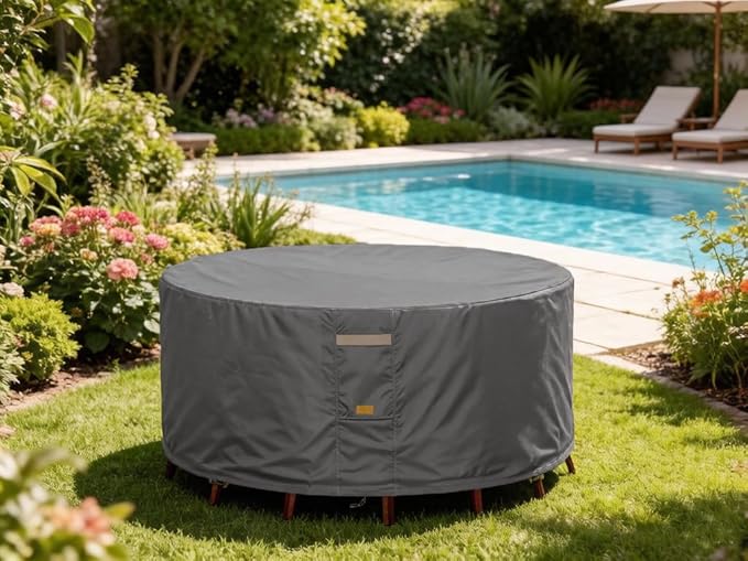 600D Heavy Duty Waterproof Patio Furniture Covers UV Resistant Round Outdoor Table Chair Covers Medium Round 62"Diax28"H Dark Grey