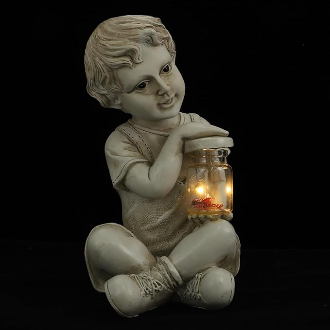 Yardwe Solar Lamp Sculpture Outdoor Garden Figurine Boy Statue Decor Solar Powered Landscape Lighting 3.5X3.5X7.2 Inches Weatherproof Lantern for Yard Patio