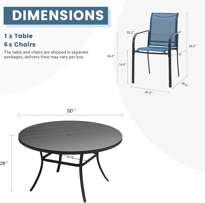 DIFY Patio Dining Set for 6, 7 Piece Outdoor Table and Chairs Set, 50" Black Round Metal Patio Dining Table and 6 Blue Textilene Stackable Patio Chairs, for Backyard Garden Poolside
