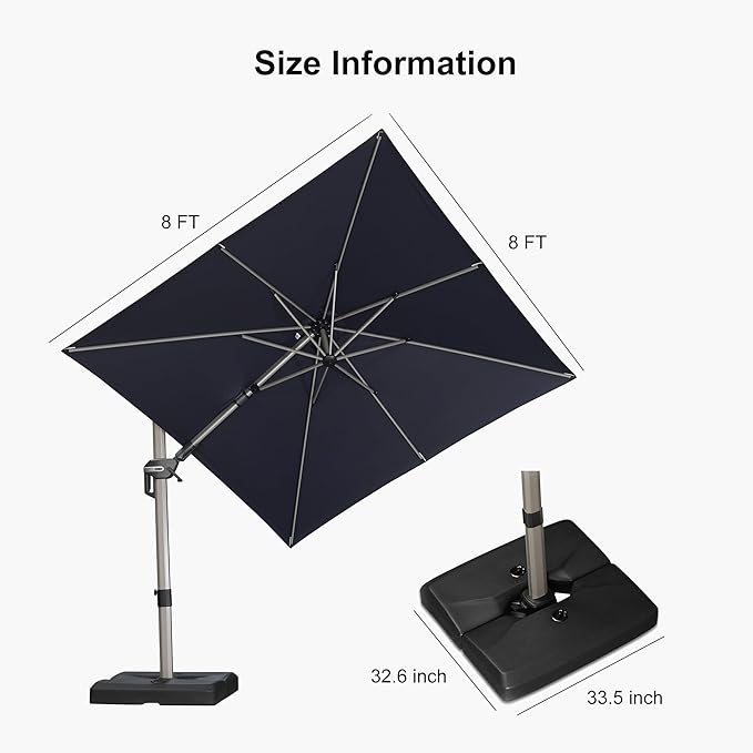 PURPLE LEAF 8' X 8' Left-right Tilting Patio Umbrella with Base Outdoor Swivel Cantilever Offset Aluminum Umbrella with Champagne Frame and 360-degree Rotation for Garden Deck Pool, Navy Blue