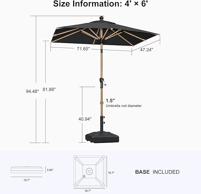 PURPLE LEAF 4' x 6' Patio Umbrella with Base Market Umbrella Rectangular Outdoor Umbrella with Push Button Tilt & Crank and 8 Ribs Aluminum Table Umbrella for Pool Backyard Beach, Black