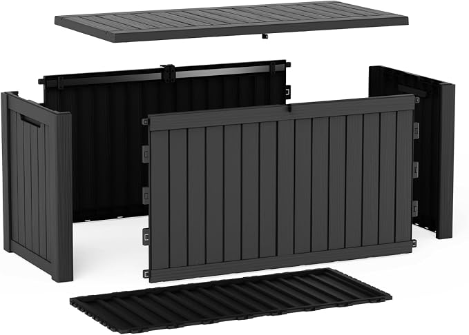 Pepe Tee 150 Gallon Waterproof Resin Deck Box, Outdoor Storage Bin for Patio Furniture Cushions, All-Weather Garden Organizer & Seating Bench, Black