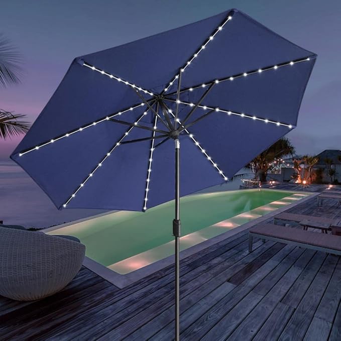 EliteShade USA 10-Year-Non-Fading 9ft Market Patio Umbrella, Commercial Grade Table Sun Umbrella with 80 Solar LED Lights, Crank Open, Windproof & UPF 50+ UV Protection for Garden, Deck, Pool, Backyard, Navy Blue