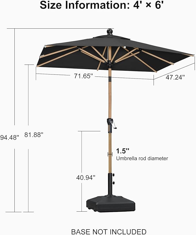 PURPLE LEAF 4' x 6' Market Umbrella Patio Umbrella Outdoor Table Umbrella Aluminum with Push Button Tilt & 8 Sturdy Ribs and Crank Rectangular for Pool Backyard Beach, Black