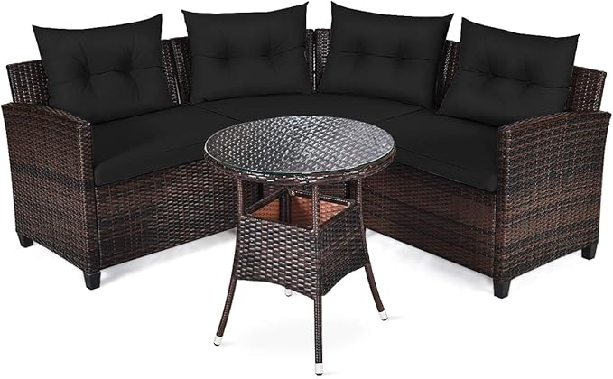 Tangkula 4-Piece C Shape Patio Furniture Set, Outdoor Corner Wicker Rattan Sectional Cushioned Sofa Set, with Glass Coffee Table, for Garden Poolside Balcony (Black)