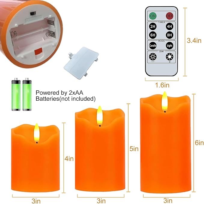 Orange Flameless LED Pillar Candles, Remote Controlled with Built-in Battery, 3-Piece 3"×4"/5"/6" Set, Safe, Waterproof, Timer Function, Flickering Warm Glow for Home, Wedding & Outdoor Decor