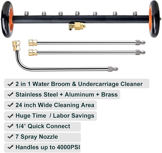 Undercarriage Pressure Washer Attachment,Dual-Function Water Broom Undercarriage Pressure Washer Surface Cleaner, 24 inch 4000 PSI Power Washer Underbody Car Washer with 7 Nozzles and 3 Extension Wand