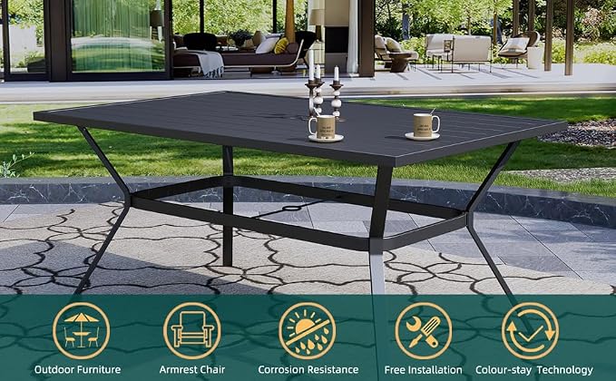 7 Piece Outdoor Patio 60" Rectangular Table and Aluminum Chairs Dining Set | Aluminum Frame Chairs, Resin Chair Seat, Resin Chair Back, 6 Piece Stackable Chairs, 1 Piece Black Metal Table, 6 Person Set