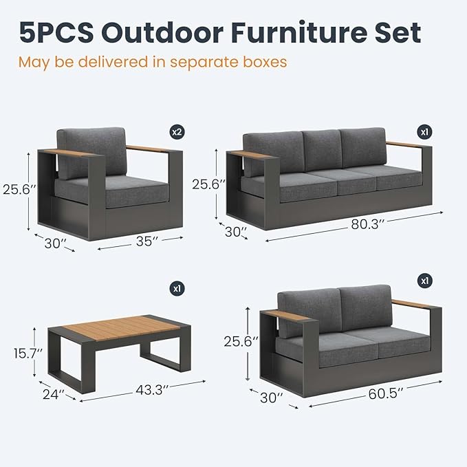 Aluminum Patio Furniture Set, 7 Seats Luxury Seating Furniture with Coffee Table, All Weather Outdoor Conversation Sets with 6" Thickened Cushions