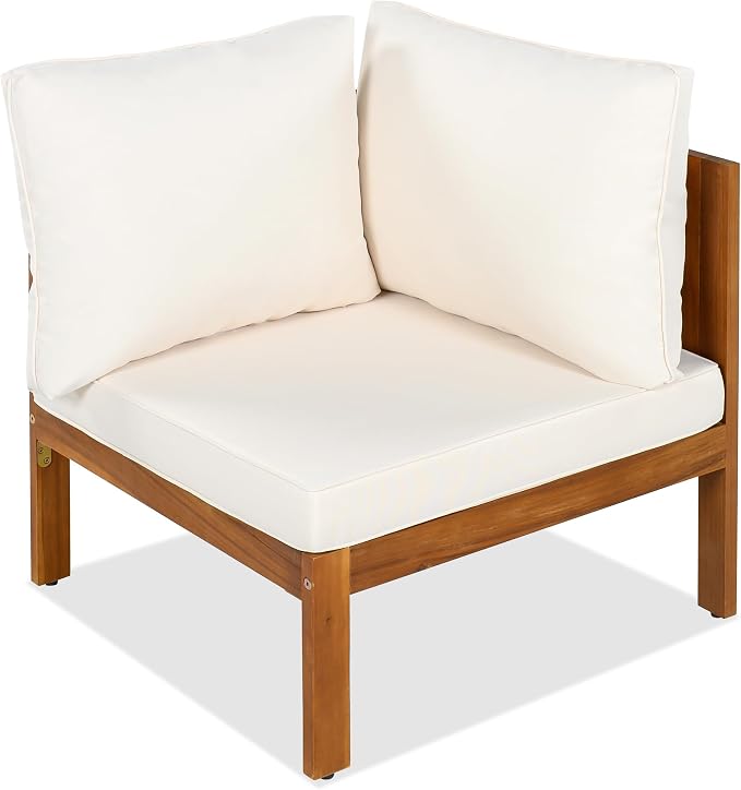 JIVOIT Acacia Wood Sofa Set, 4 Pieces Outdoor Conversation Set with Coffee Table, L-Shaped Patio Furniture Sofa with Woven Mesh Armrests, Cushions and Side Table, Adjustable Foots