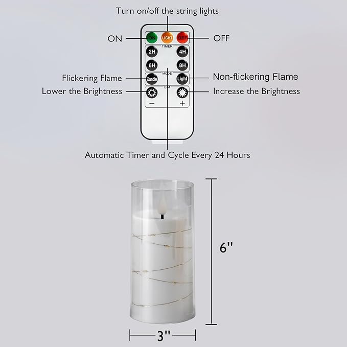 Homemory Flameless Candles with Embedded Star String Fairy Lights, Battery Operated Candles, LED Candle, Fake Candles with Remote Control and Timer, White, Set of 2(H 6" 6")