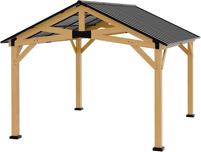EAGLE PEAK 11x13 Hardtop Gazebo, Exposed Beam Rustic Gazebo, Galvanized Steel Gable Roof with Cedar Wood Frame, Outdoor Pavilion for Patio, Deck, Lawn and Garden Natural Wood/Black