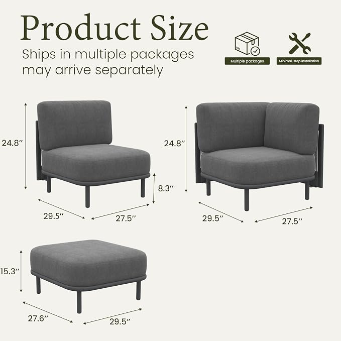 LayinSun 6 Pieces Patio Furniture Set, Modern Outdoor Modular Sectional Conversation Set L-Shaped Sofa with 7-inch Cushion for Garden Backyard Deck