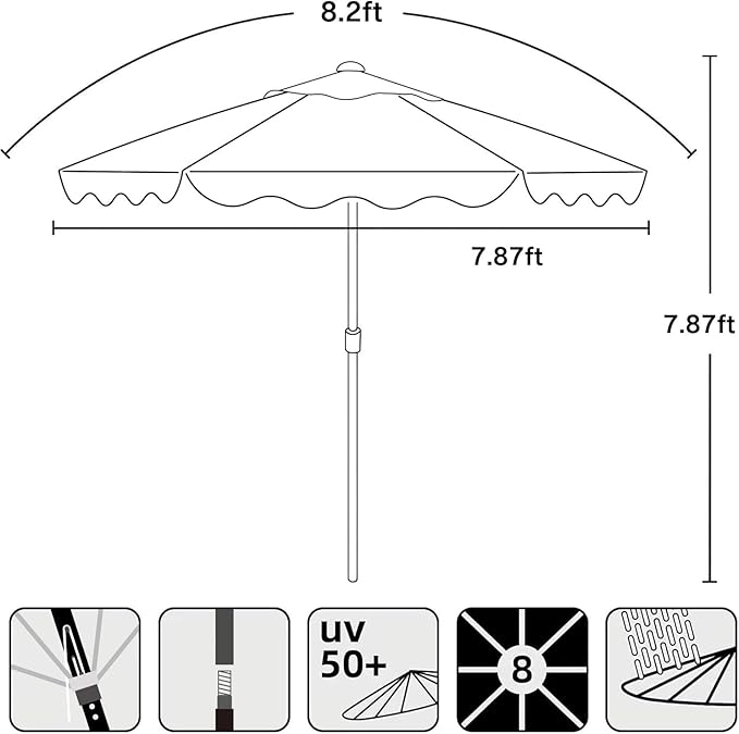 AMMSUN 8.2ft Vintage Wood Outdoor Umbrella, with a pulley system, UPF 50+, for markets, gardens, porches, courtyards, beach terraces, cafes, taverns, dining tables, pool sides, wedding venues