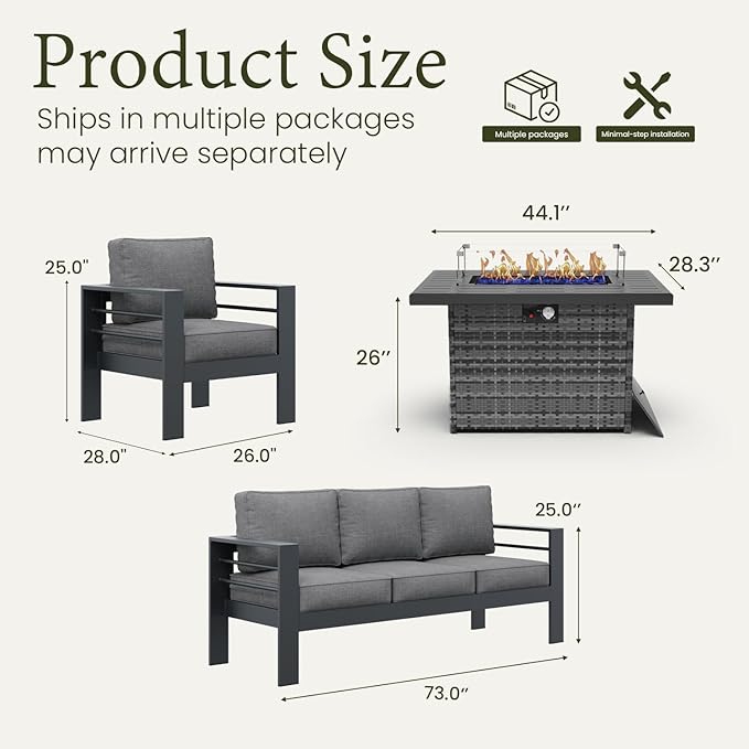 LayinSun Aluminum Furniture Set with Fire Pit Table, 4 Pieces Patio Sectional Conversation Chat Sofa Modern Seating Set