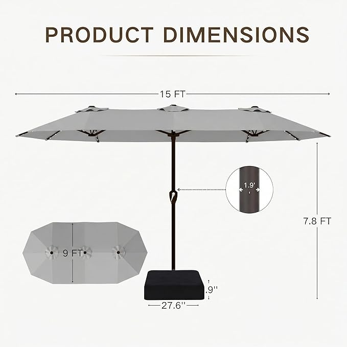 Kingdura 15ft Large Patio Umbrella with Solar Lights, Double-Sided Rectangle Lighted Outdoor Table Umbrella with Base Included, 12 Reinforced Ribs, 48 Led Lights, Crank Lift for Market Pool Deck Backyard, Light grey