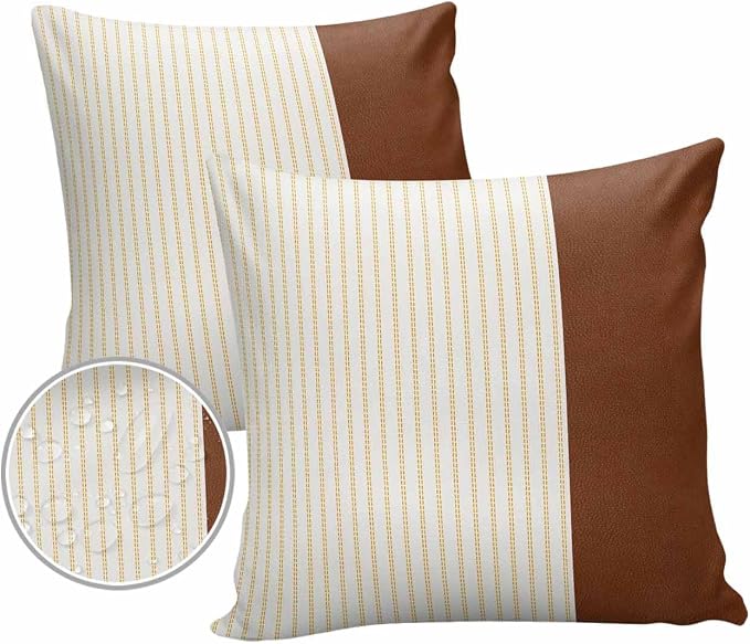 Outdoor Waterproof Throw Pillow Covers 24x24in, Farmhouse Boho Stripes Cushions for Garden Patio Furniture Chairs Set of 2, Modern Bohemian Brown Gold Home Decor Couch Sofa Polyester Pillow Cases