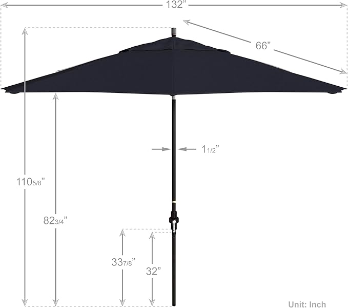 California Umbrella 11Ft Premium Sunbrella Patio Umbrella, Hand-Crank, Tilt-Collar, Bronze Frame, Navy Fabric