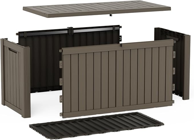 Pepe Tee 150 Gallon Waterproof Resin Deck Box, Outdoor Storage Bin for Patio Furniture Cushions, All-Weather Garden Organizer & Seating Bench, Coffee