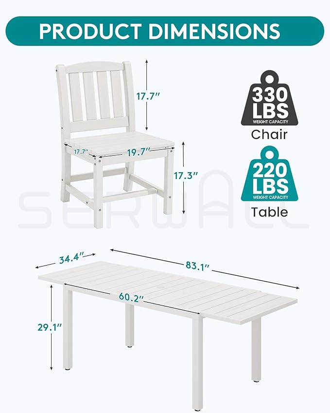 SERWALL Outdoor Dining Chairs Set of 4, All-Weather HDPE Patio Armless Chairs, White