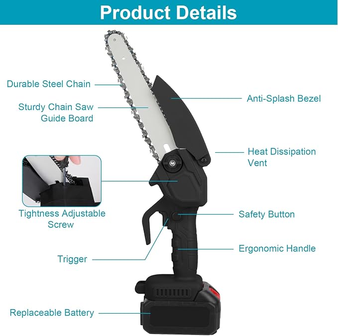 TeqHome Mini Chainsaw, 8 Inch Cordless Mini Electric Chainsaw Battery Powered with 2 Batteries & 2 Chains,Portable Handheld Small Chain Saw for Wood Tree Trimming Branches,Sawzall for Household Garden