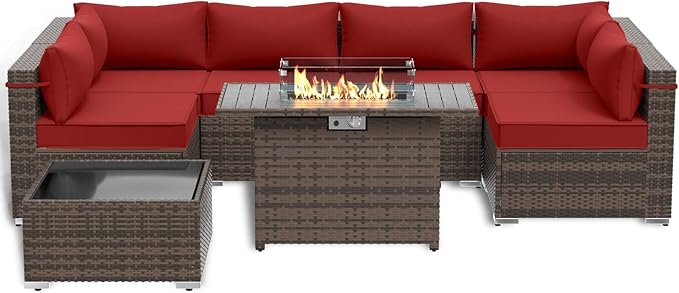 8 Piece Patio Furniture Set with 43" Fire Pit Table, Outdoor Sectional Sofa Set Heavy Duty Wicker Furniture Set with 2 Waterproof Covers
