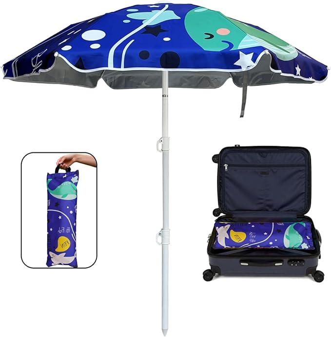 LOTTAFUN Water Table Umbrella Kid 5ft Beach Umbrella Diameter 0.99-1.2 Inches Pole UV 50+ Portable Sun Shade with Sand Anchor & Carry Bag, Outdoor Folding Umbrella for Beach,Pool,Patio,Garden (Dophin)NO Tilt The sand needs to be over 5inches above the ...