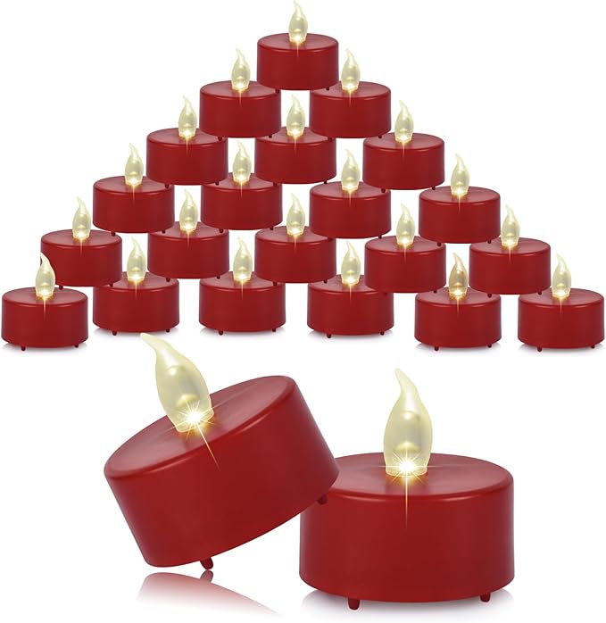 Battery Operated Tea Lights Candles, Flameless Flickering Led Electric Fake Candle, 24 Pack Realistic Votive Tealights, Long Lasting 200+Hours, for Wedding Party Home Decoration (Red)