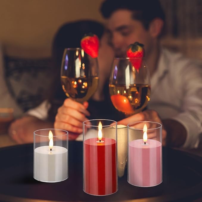 Tuanse 3 Pcs Battery Powered Valentine Flameless Candles (Pink, Red, White) with Mixed Size Xmas Color Flickering LED Lights Pillars for Valentine Winter Home Party Decoration