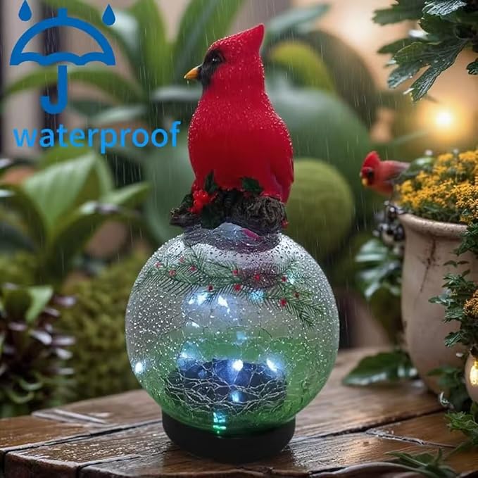 Red Bird Statue - Solar Powered Outdoor Red Bird Decor with LED Lights - Red and Green - Water Resistant - Gargen,Balcony and Courtyard Decoration Festival Gift - 8.66" H x 4.72" W x 4.72" D