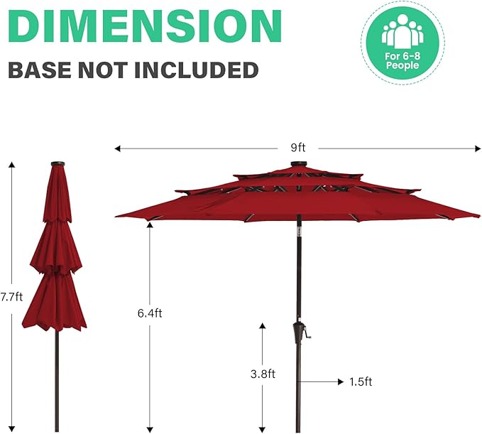 JEAREY 3 Tiers Patio Umbrella with Solar Lights 9ft Outdoor Market Table Umbrellas with Push Button Tilt for Outside Pool Garden, Red