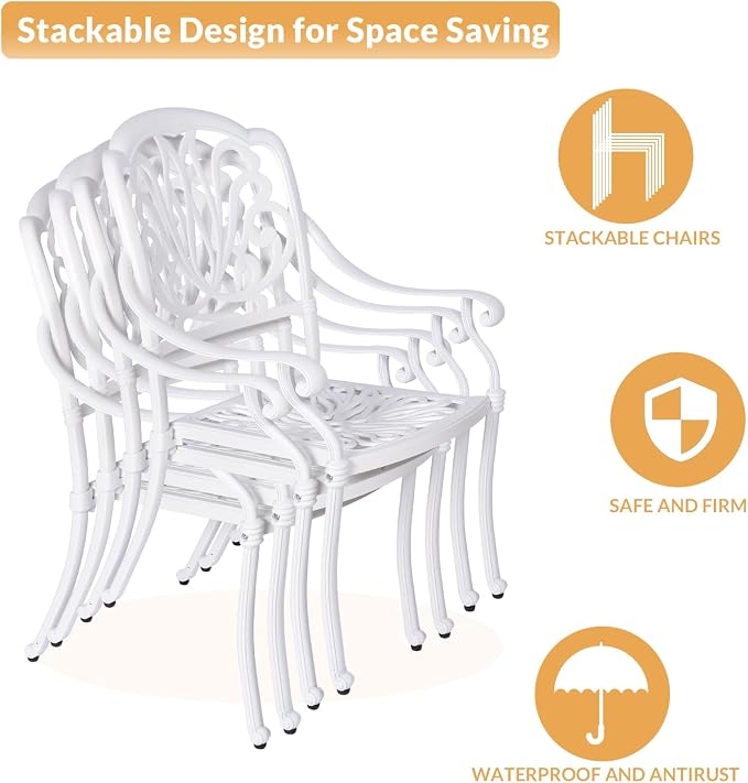 9-Piece Patio Dining Set, Outdoor Patio Table and Chair Set of 84” Oval Cast Aluminum Dining Table with Umbrella Hole, 6 Stationary, 2 Swivel Rocker Chairs, Patio Funiture Set, White