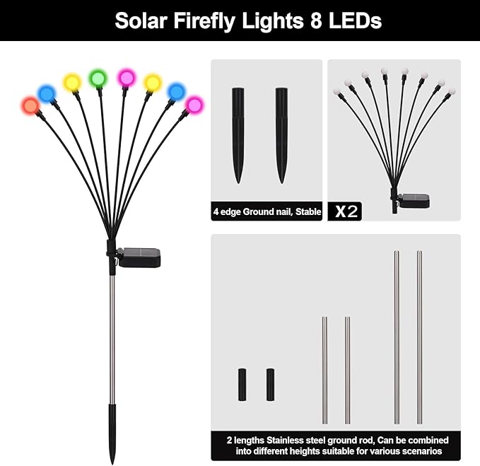 Solar Firefly Lights Outdoor Waterproof,8 Mode RGB Color Changing Firefly Swaying Solar Lights Stakes for Outside Christmas Holiday Yard Patio Plant Landscape Garden Decor 2 Pack(Multicolor)