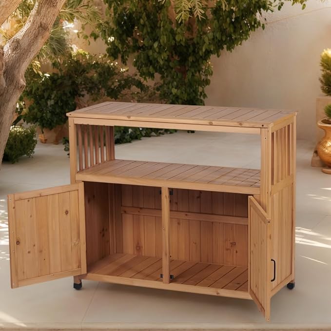 Wooden Outdoor Bar Table with Storage - Weatherproof Patio Cabinet for Deck/Backyard, Multi-Purpose Buffet Sideboard