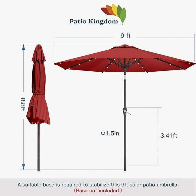 9FT Solar Umbrella 32 LED Lighted Patio Umbrella Table Market Umbrella w/Tilt and Crank, UV-Resistant Outdoor Umbrella for Pool, Garden, Deck, Red
