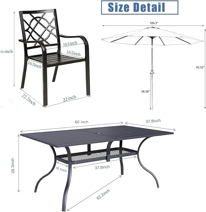 Crownland 7 PCS Furniture Patio Dining Set, 6 Stackable Metal Chairs and Rectangular Outdoor Dining Table with Sky Blue 9FT Round Outdoor Umbrella (Metal Tabletop)
