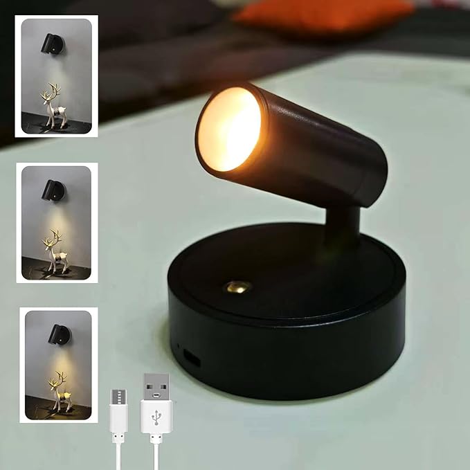 Spot Lights Indoor, Rechargeable Plant Spotlight Indoor, 360° Rotate Wireless LED Uplighting, Battery Powered Ceiling Spotlight for Artwork Painting Tree Plant Picture Lights Wall Light (Black)