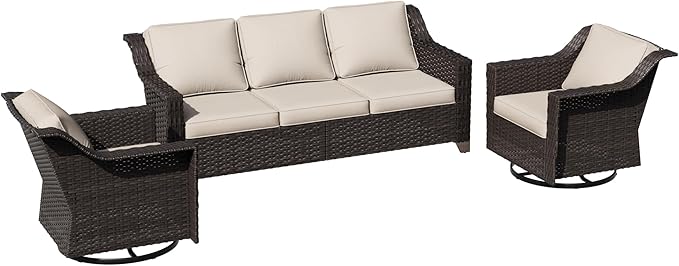 3 Pieces Patio Conversation Furniture Set - 1 Sofa, 2 Swivel Chairs, Outdoor Wicker Furniture with Removable Cushions for Porch, Balcony, Sunroom (Beige)