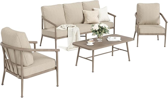 4 Piece Metal Outdoor Patio Furniture Sets, Unique Windsor Style Patio Conversation Sets 1 3-Seater Sofa, 2 Single Sofas and Coffee Table with 5.75" Thick Cushion, Backyard Furniture