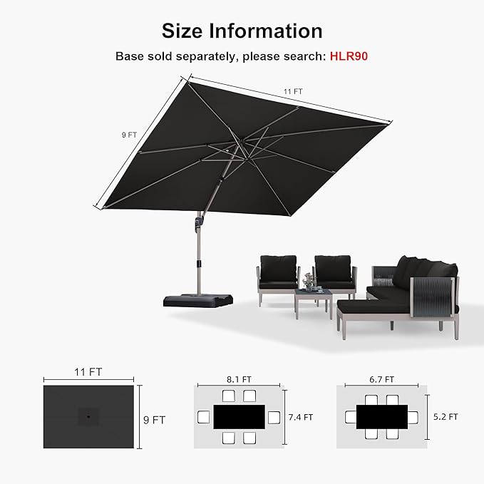 PURPLE LEAF 9' X 11' Patio Umbrella, Rectangle Outdoor Cantilever Umbrella, Aluminum Offset Umbrella with Champagne Frame and 360° Rotation for Pool Deck Garden, Grey