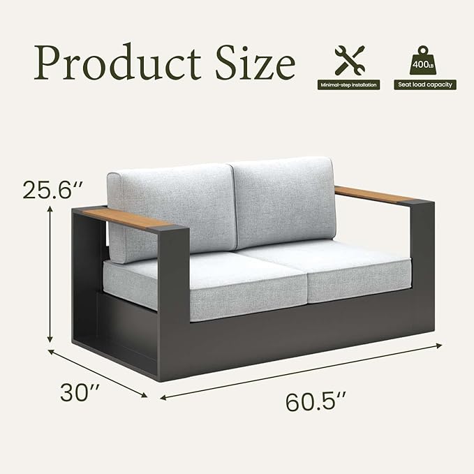 LayinSun 1 Pieces Aluminum Patio Furniture Set, Oversized Outdoor Conversation Set 2 Seats with 6" Thick Cushions for Outside Porch, Balcony, Deck