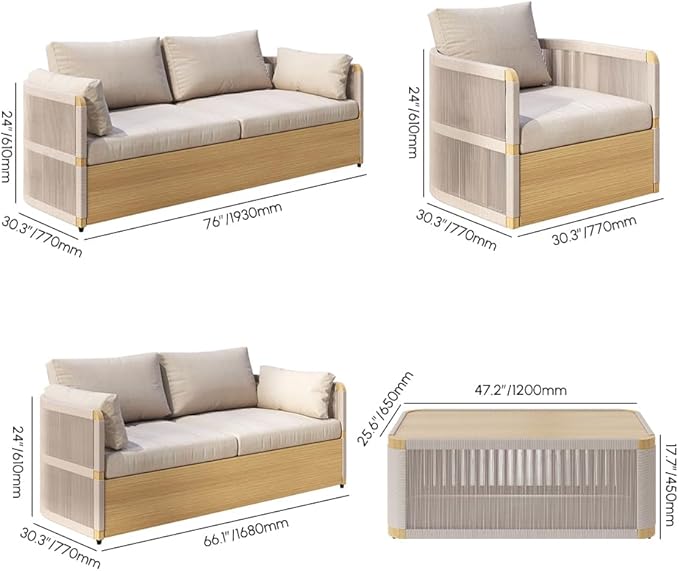 homary 4-Pieces Outdoor Sectional Sofa Sets, Modern Aluminum & Rope Outdoor Swivel Sofa Patio Furniture Set Patio Conversation Sets with Coffee Table for 6, Suitable for Gardens, Patios and Balconies