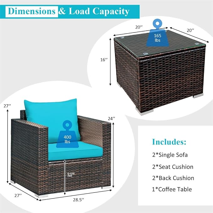 3PCS Patio Rattan Furniture Set Conversation Sofa Cushioned Turquoise