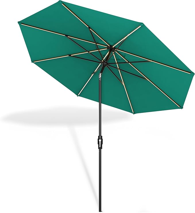 Midtown Umbrellas The LED Swilt 10 Feet Patio Umbrella With Sunbrella Canvas Teal Acrylic Fabric - Auto-Tilt Aluminum Frame With LED Lights For Backyard, Deck, Garden, Pool - Black Pole